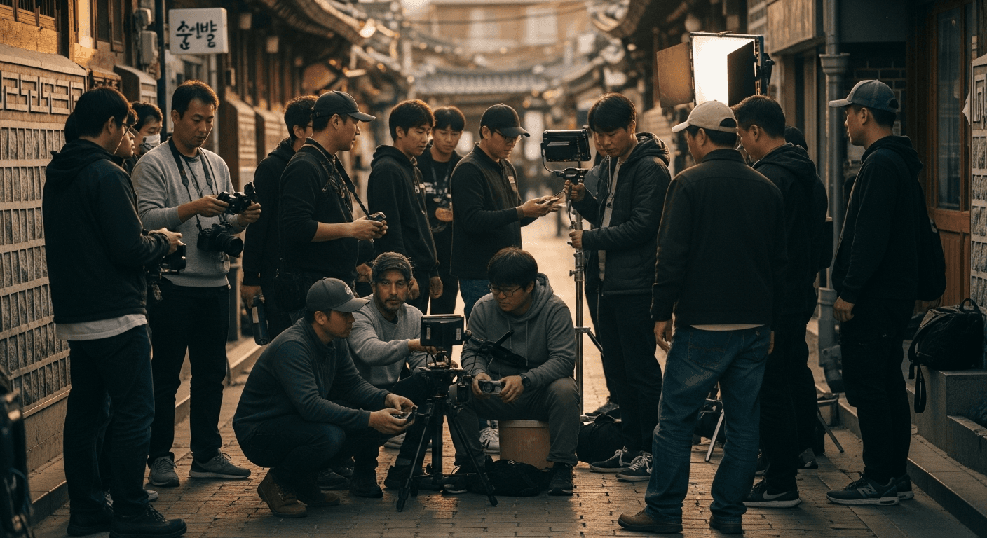 저예산 영화 제작 현장에서 소규모 스태프가 카메라와 함께 촬영을 준비하는 모습