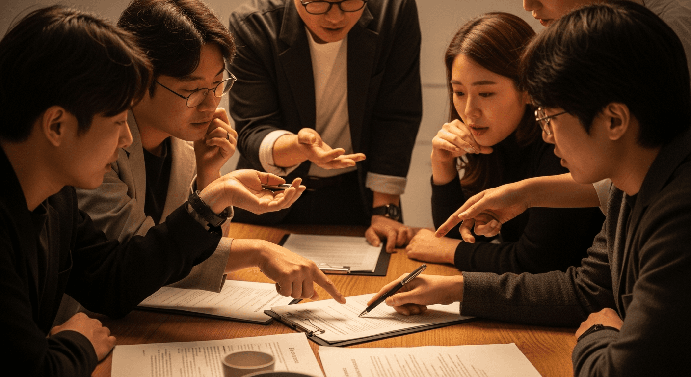 영화 제작 스태프들이 계약서를 검토하며 수익 배분 조건을 논의하는 장면