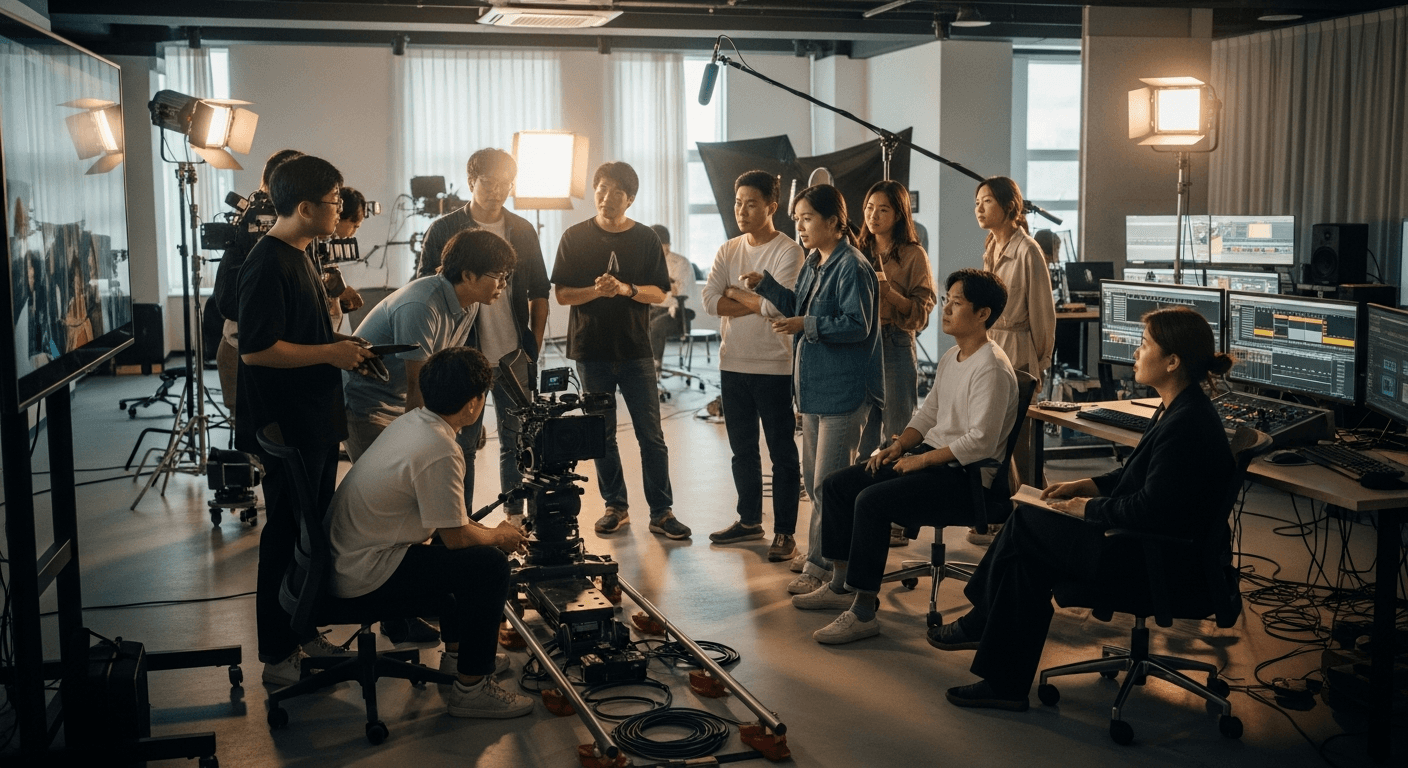 영화·OTT 제작 현장 스태프들이 촬영 장비 주변에 모여 협업하는 스튜디오 장면