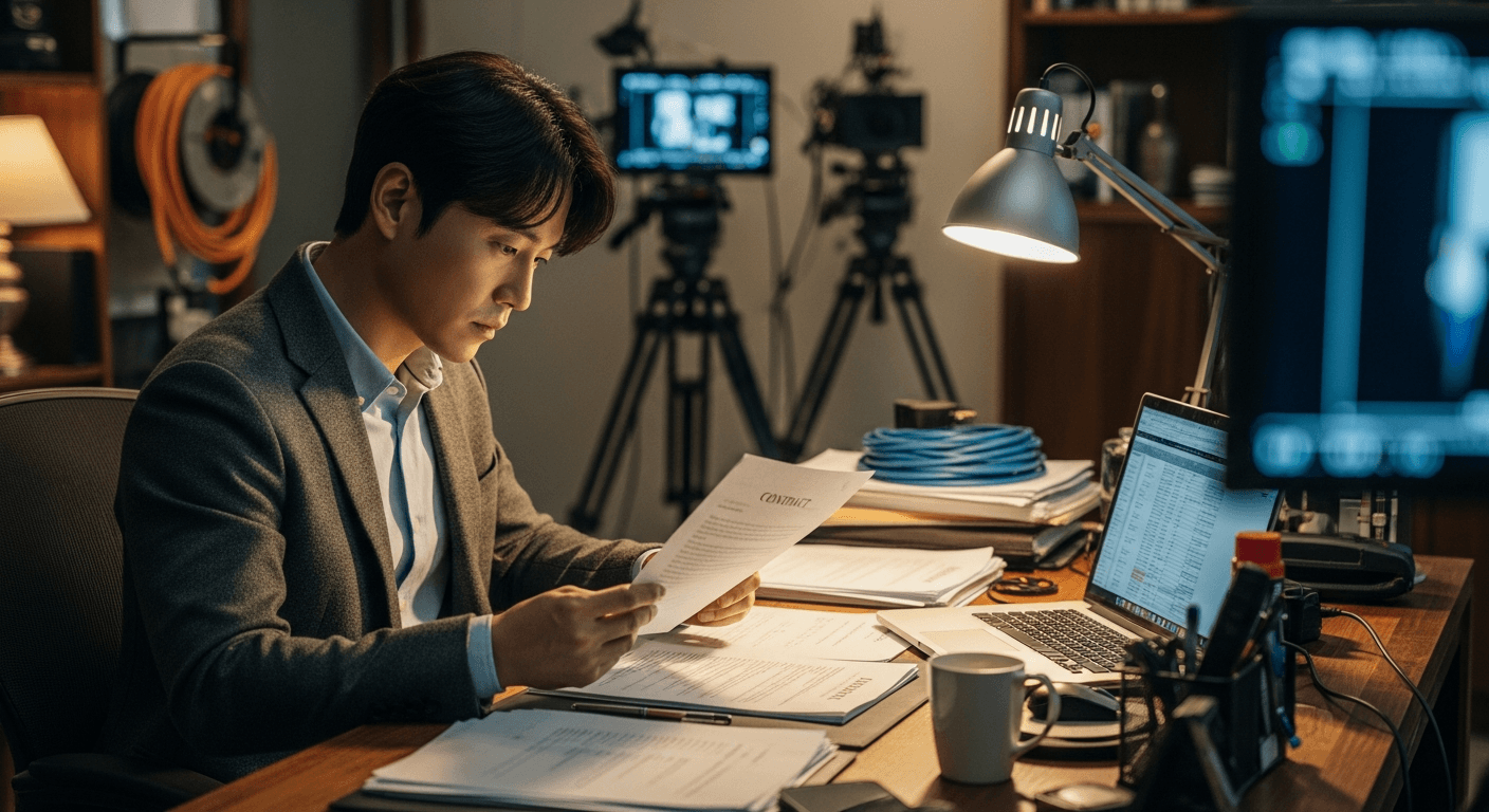 스태프가 현장 계약서와 촬영 일정표를 검토하는 모습