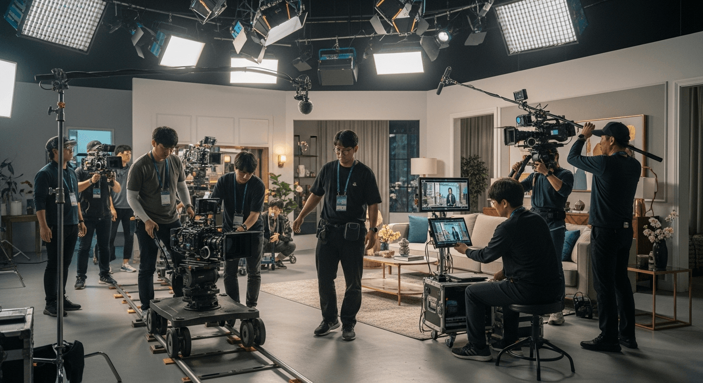 OTT 드라마 세트장에서 촬영하는 영상 스태프와 조명팀