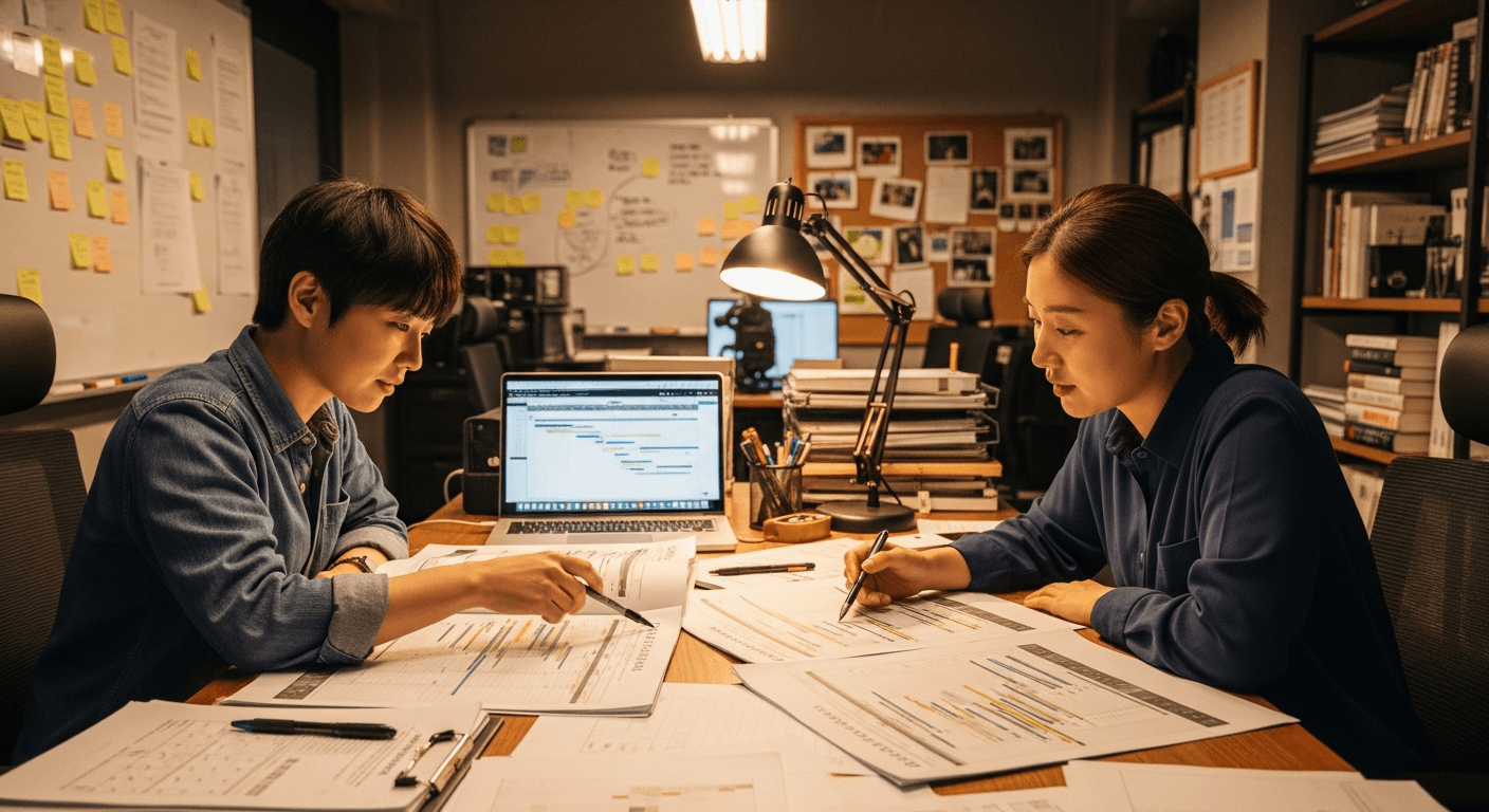 한국 영화·OTT 스태프가 연간 촬영 스케줄을 함께 검토하는 모습