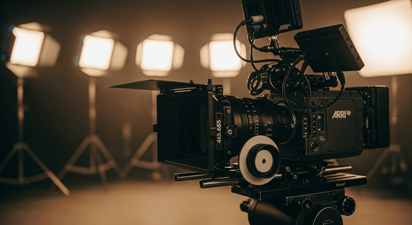 ARRI 시네마 카메라와 조명 장비가 배치된 영화 촬영 현장