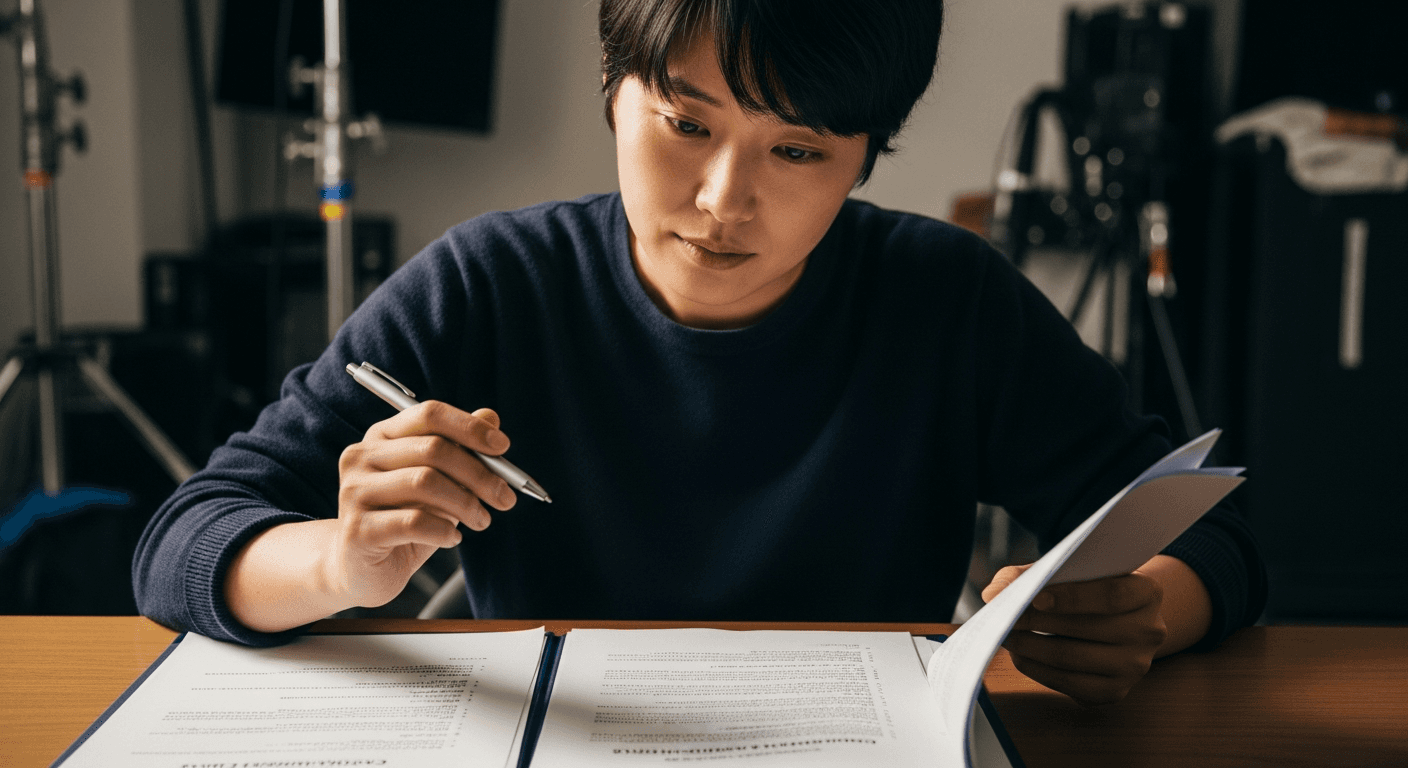 계약서를 꼼꼼히 검토하는 영화 제작 현장 스태프