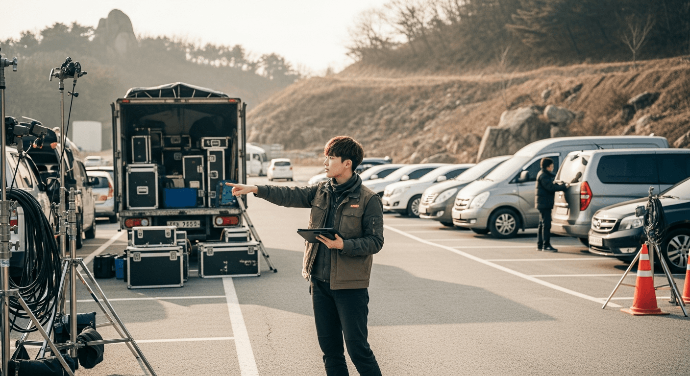 영화 촬영 로케이션에서 차량을 관리하고 장비를 점검하는 제작부 막내 스태프