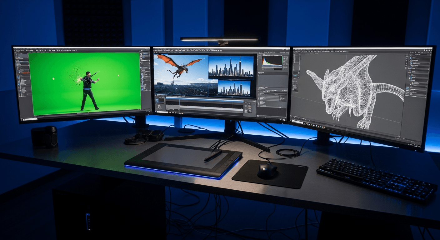 VFX 워크스테이션에서 여러 모니터로 컴포지팅 작업을 진행하는 장면