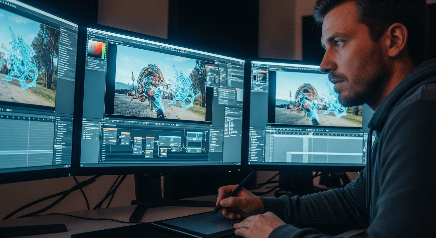 VFX 아티스트가 AI 렌더링 결과물을 모니터로 검수하며 컴포지팅 작업하는 모습