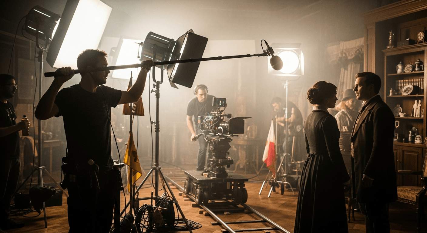 영화 촬영 현장에서 붐 마이크를 조작하는 음향 스태프