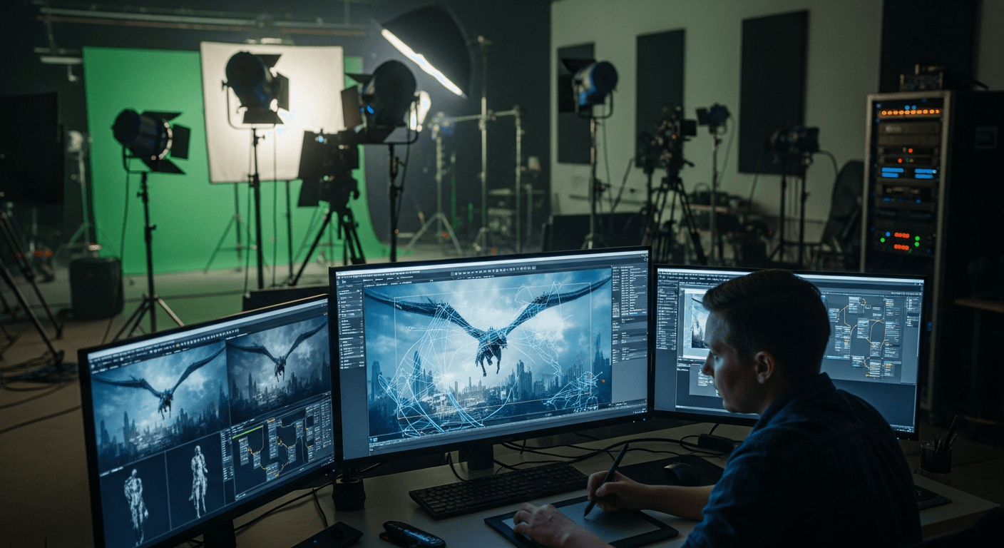 영화 VFX 스튜디오에서 AI 소프트웨어로 시각효과 작업을 하는 스태프
