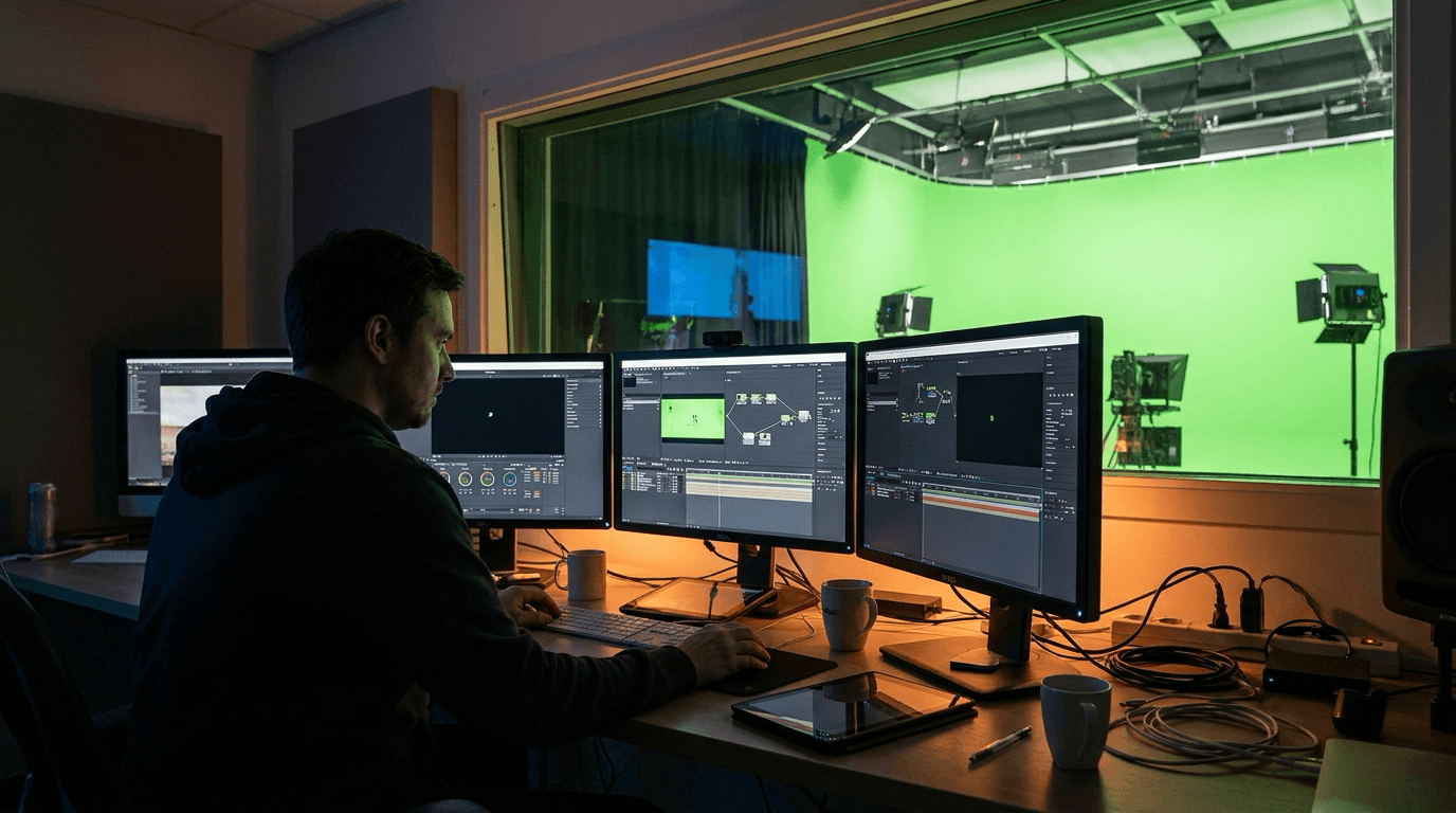 VFX 합성 작업을 위해 그린스크린 배경과 모니터 화면을 살펴보는 아티스트