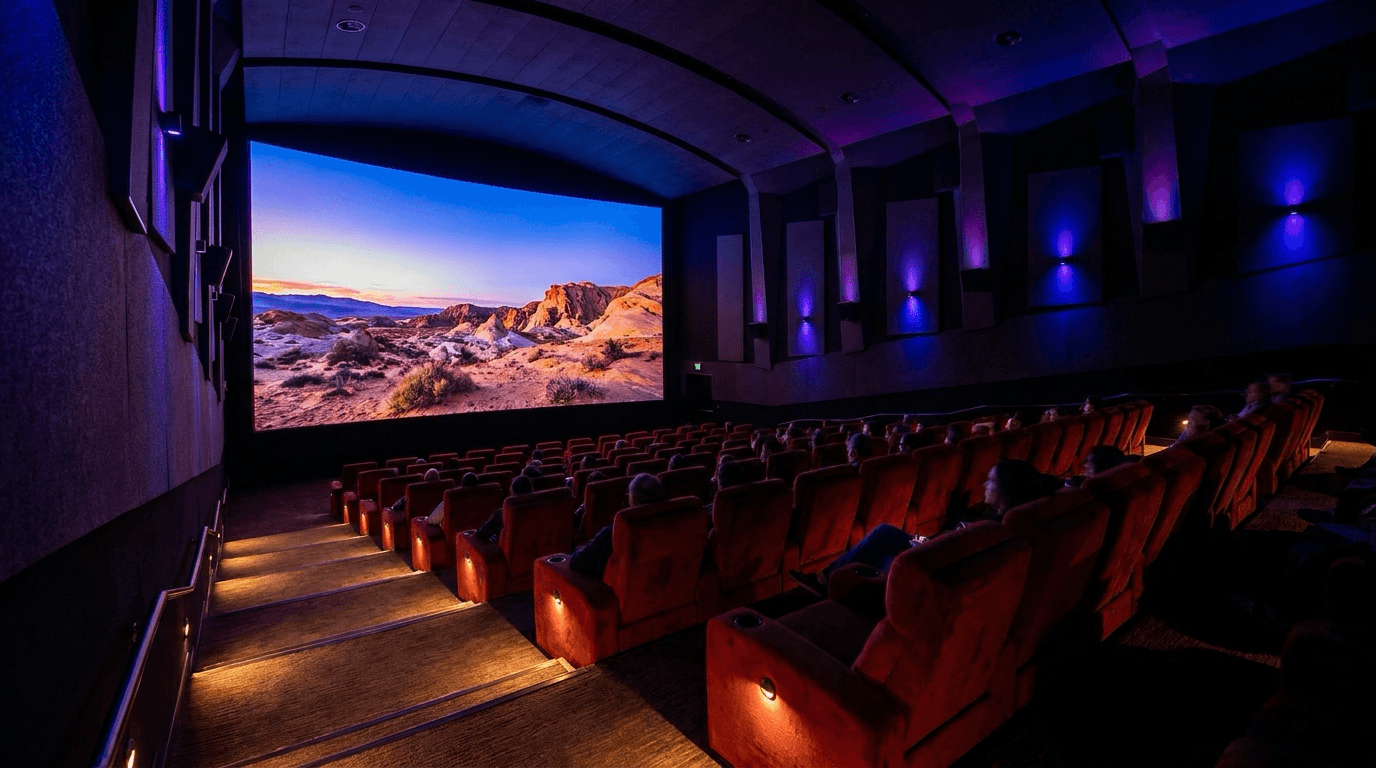 대형 스크린 IMAX 상영관 내부와 좌석 전경