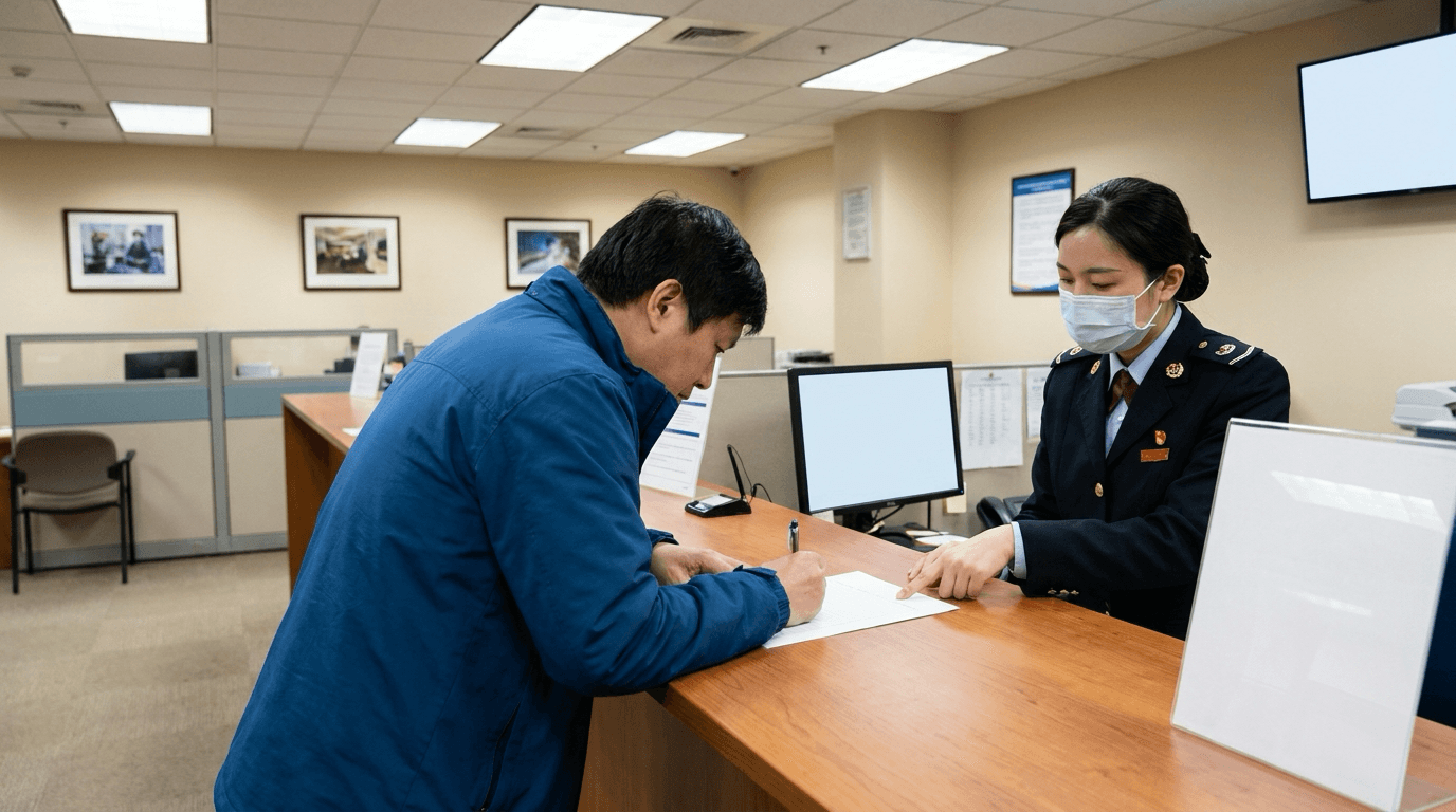 관공서 창구에서 서류를 작성하며 진정을 접수하는 모습