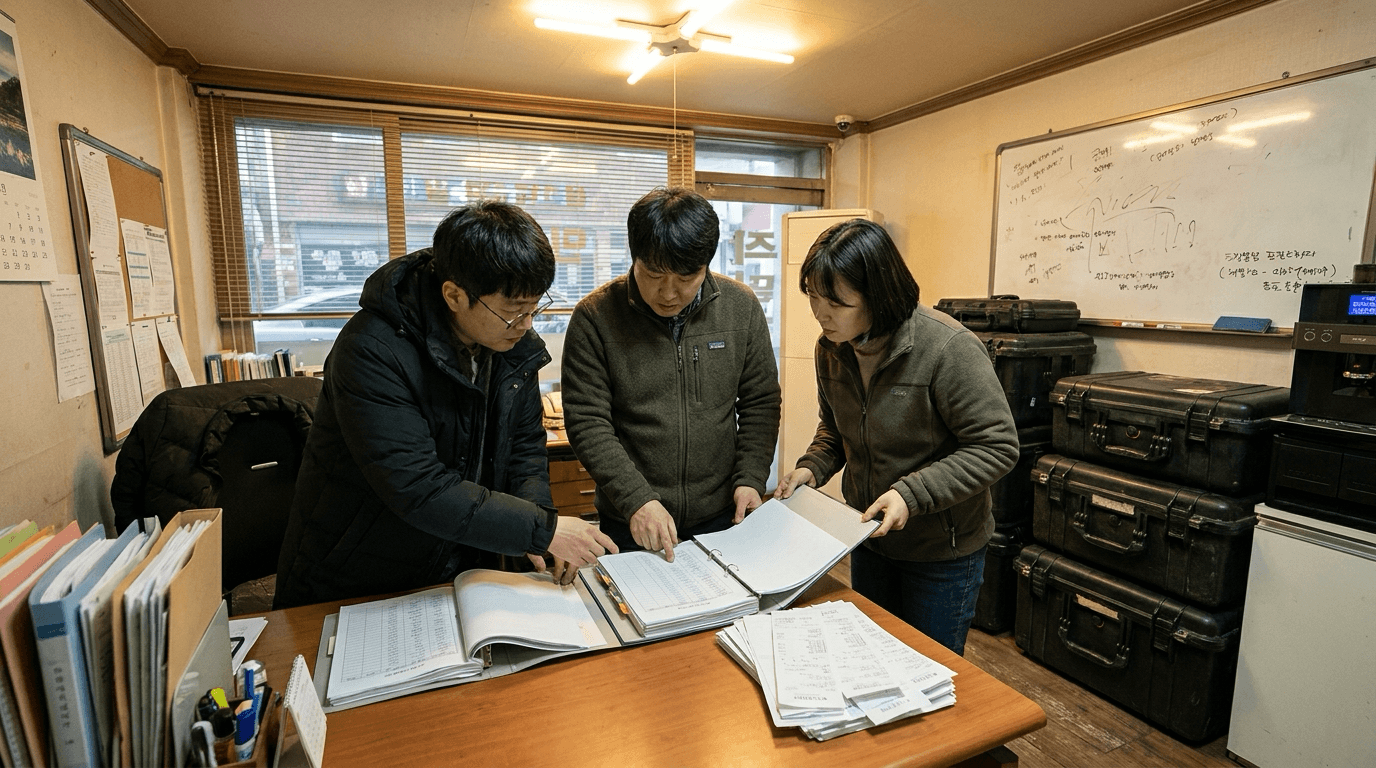 드라마 세트에서 예산 서류를 검토하는 제작 관계자들