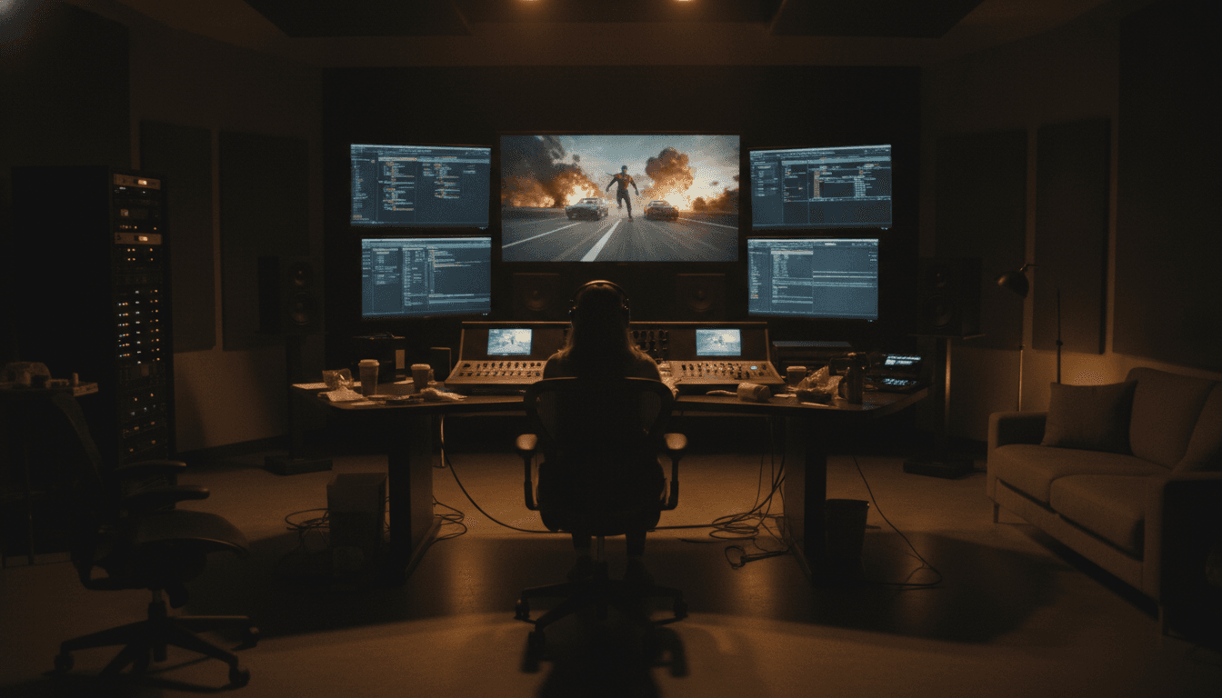 영화 포스트 프로덕션 현장에서 AI 편집 도구로 VFX 작업을 하는 스태프