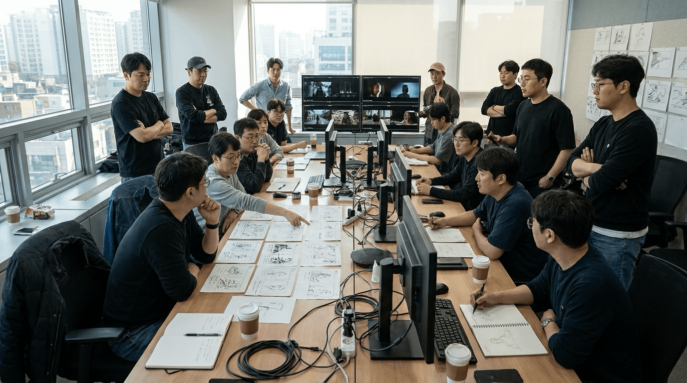 여러 부서 스태프가 촬영 세트 앞에서 자료를 함께 검토하는 모습
