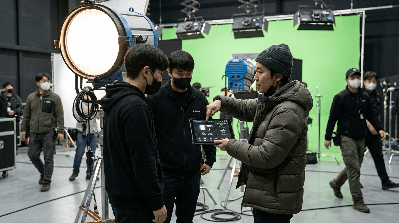 조명 스태프가 태블릿으로 세팅값을 기록하며 VFX 스태프와 협의하는 모습