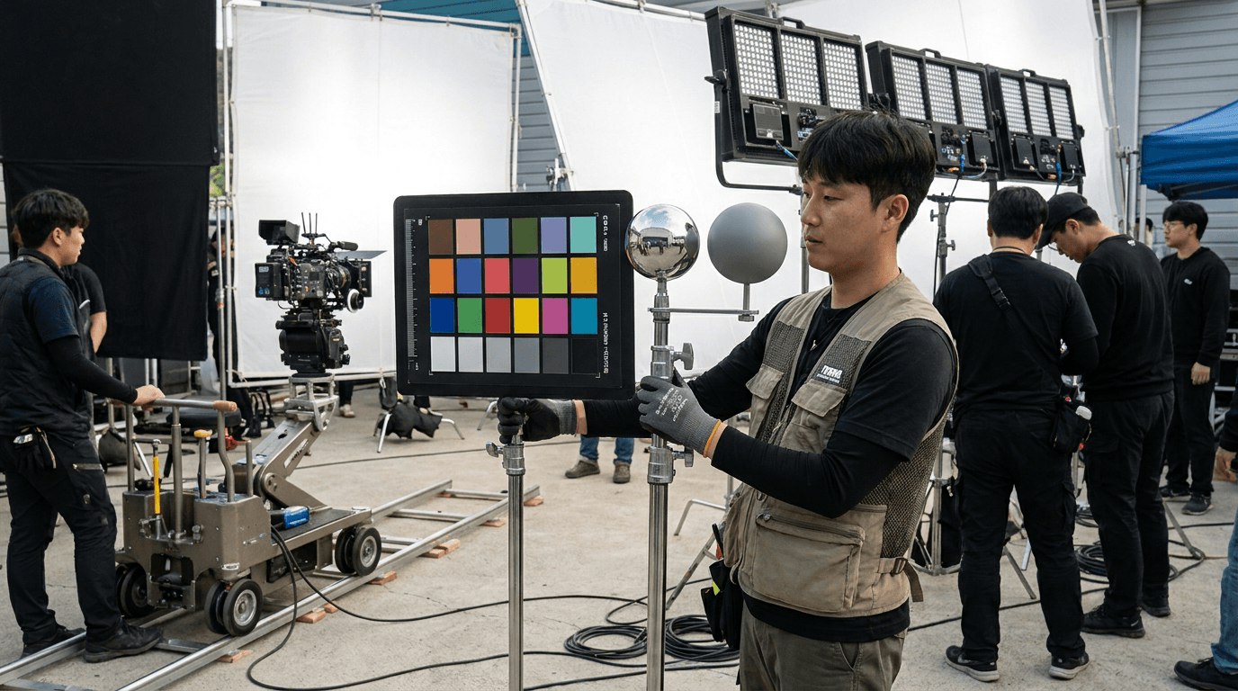 조명 스태프가 크롬볼과 컬러차트로 온셋 레퍼런스를 촬영하는 모습