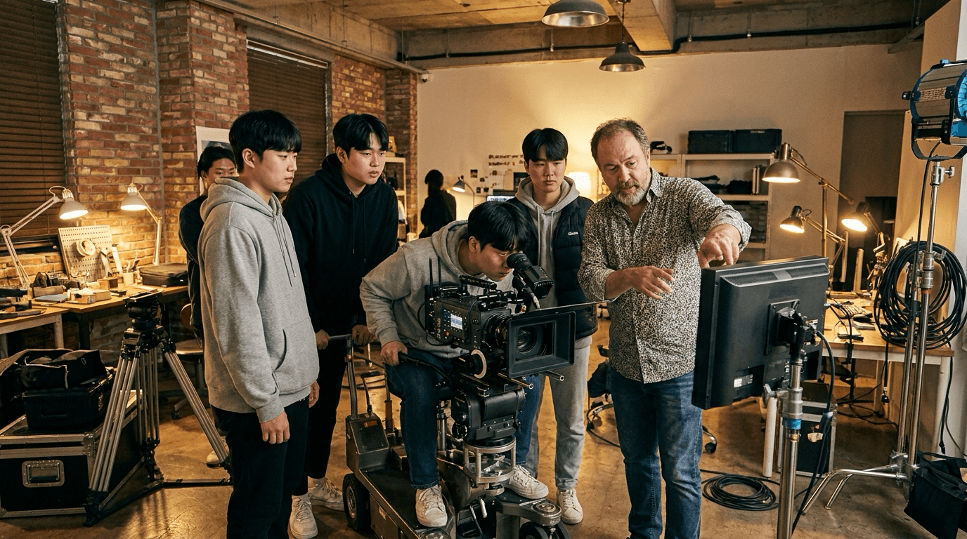 영화학교 강의실에서 시네마 카메라로 촬영 실습을 하는 수강생들과 현업 강사