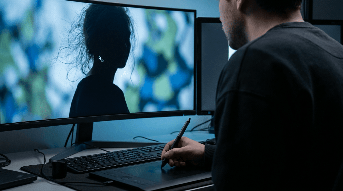 매트 가장자리를 다듬는 컴포지팅 아티스트의 작업 화면